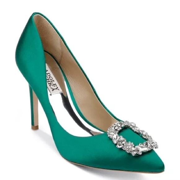 NEW Badgley Mischka Cher Crystal Carrie Bradshaw Buckle Pumps EMRSAT EMERALD 11 - Picture 1 of 11